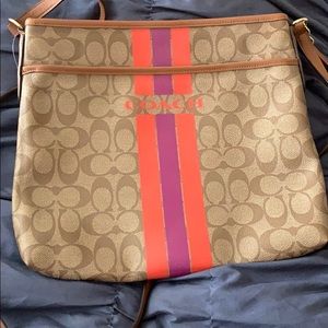 Orange, purple, and brown coach bag